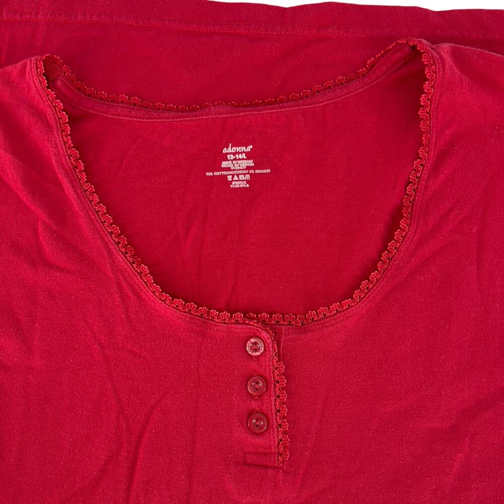 Adonna Long Sleeve Sleep Shirt Pajama Top 12-14 Large Red 95% Cotton - Picture 4 of 11